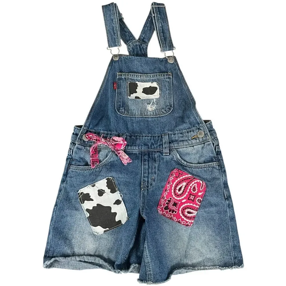 Levi’s Girls Denim Short Overalls Size 7 Patchwork Cow Print Bandana Distressed